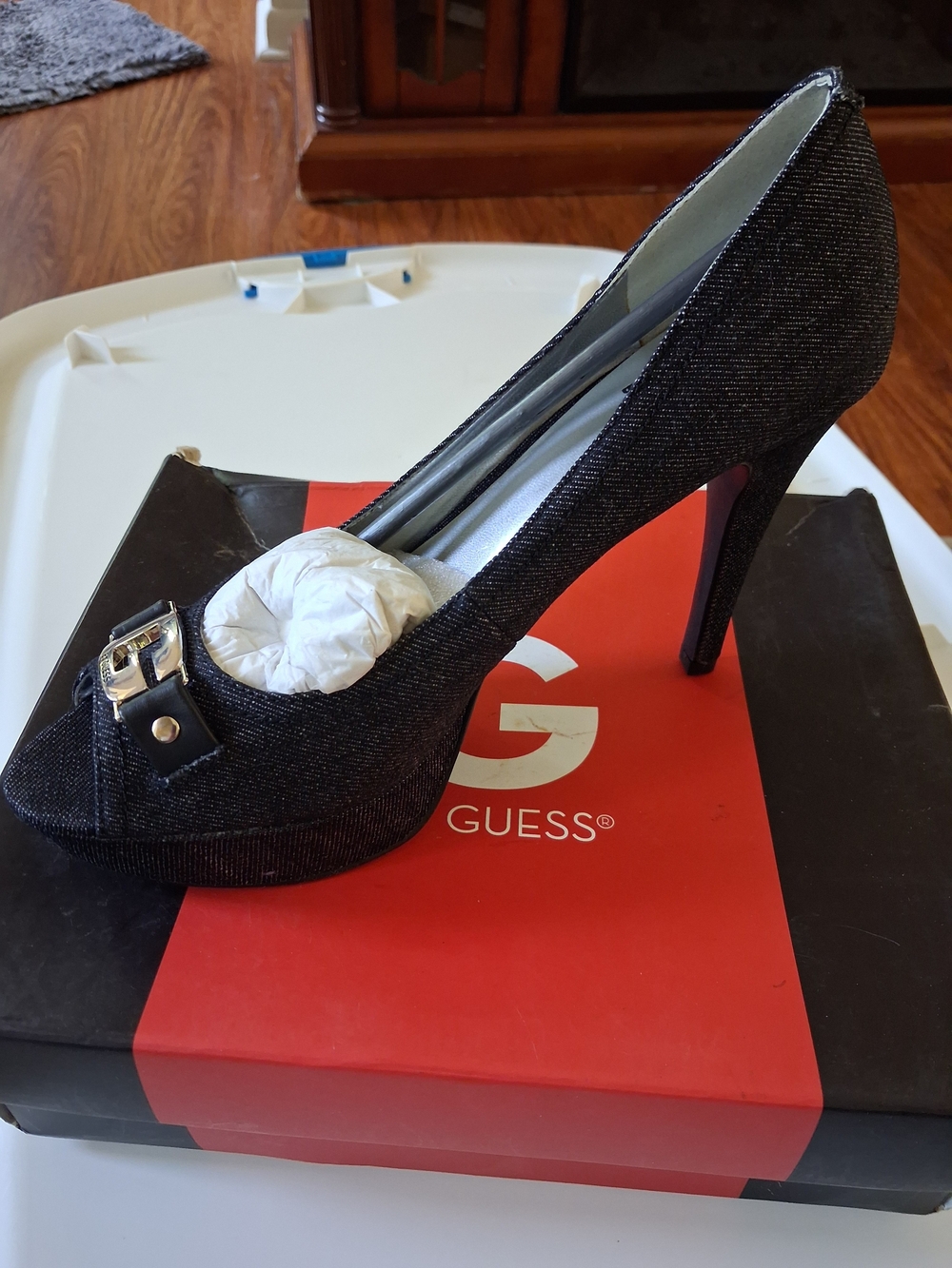 GUESS Black Denim High Heel Peep-Toe Pumps with Buckle Accent